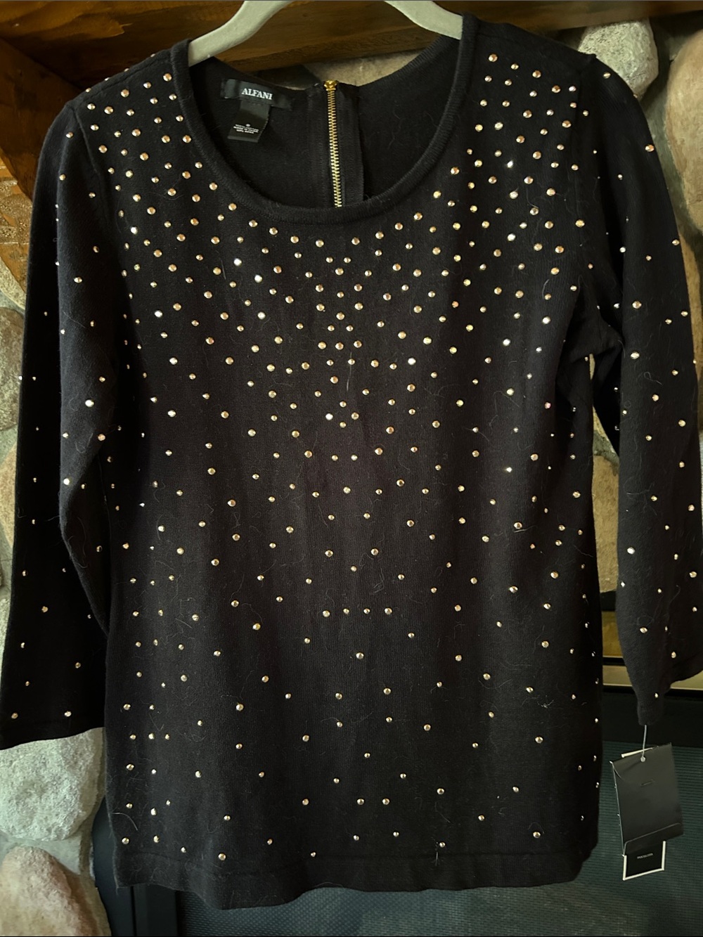Alfani Black Knit Gold Studded Scoop Neckline 3/4 Sleeve Top, Size S | NWT